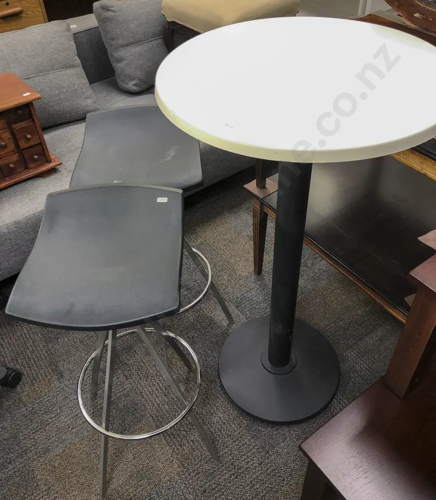 Pair of Modern Swivel Bar Stools Together With Tall Circular Occasional Table Image 1++