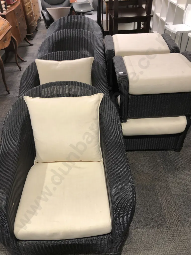 Outdoor Suite of Four Wicker Rocking Arm Chairs Together with Four Matching Footstools Image 1++