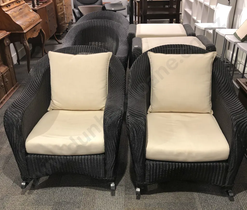 Outdoor Suite of Four Wicker Rocking Arm Chairs Together with Four Matching Footstools Image 1++