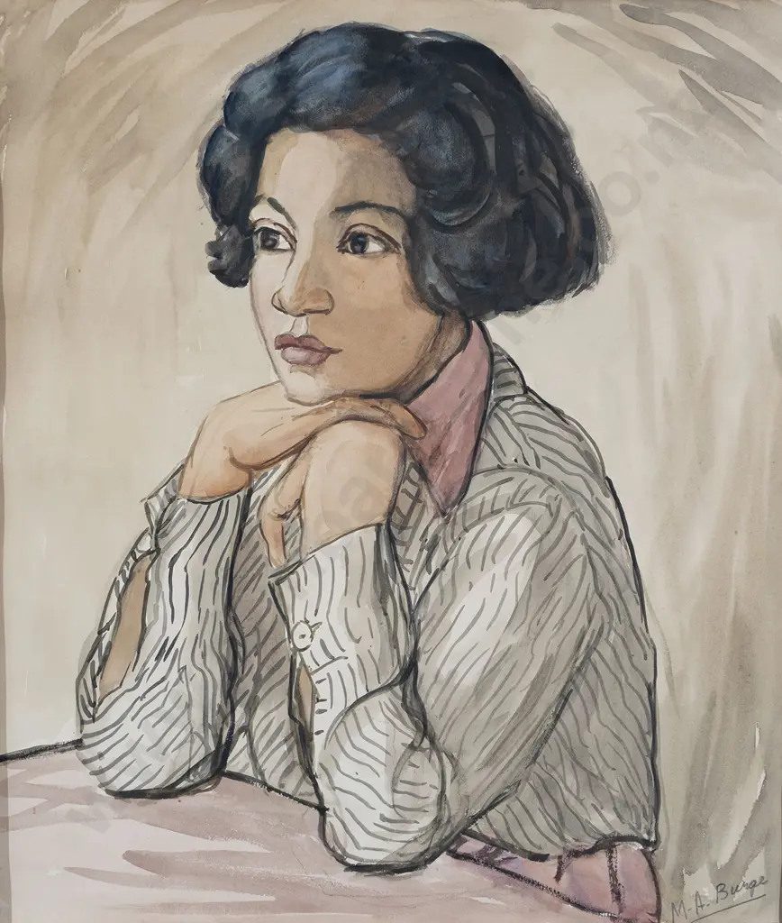 Maude Burge (1865 - 1957) - Portrait of a Young Girl (Striped Blouse) Image 1++