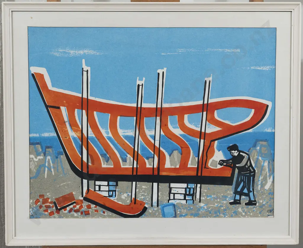 Roy Cowan (1918 - 2006) - Boat Building at Island Bay Image 1++