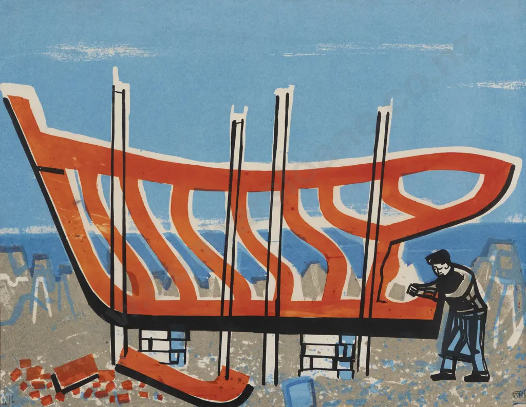 Roy Cowan (1918 - 2006) - Boat Building at Island Bay Image 1++