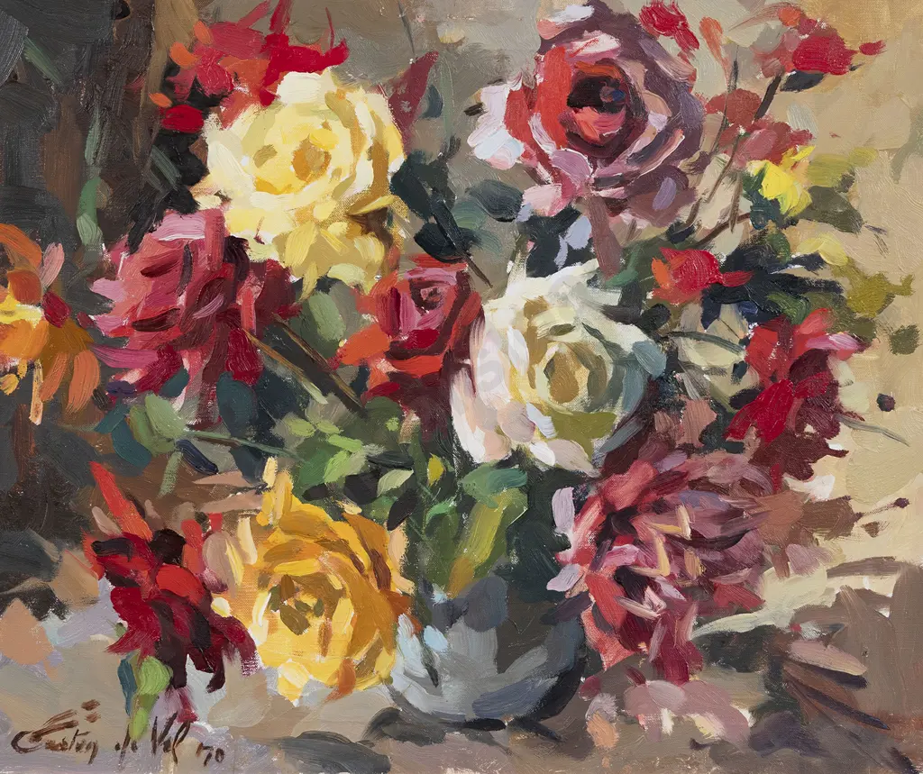 Gaston De Vel (1924 - 2010) - Red and Yellow Roses Image 1++