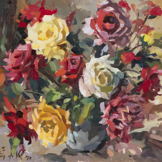 Gaston De Vel (1924 - 2010) - Red and Yellow Roses