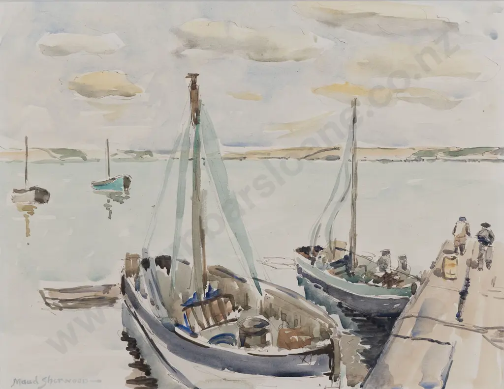 Maud Sherwood (1880-1956) - Untitled Boat Scene with Sunflowers on Reverse Image 1++