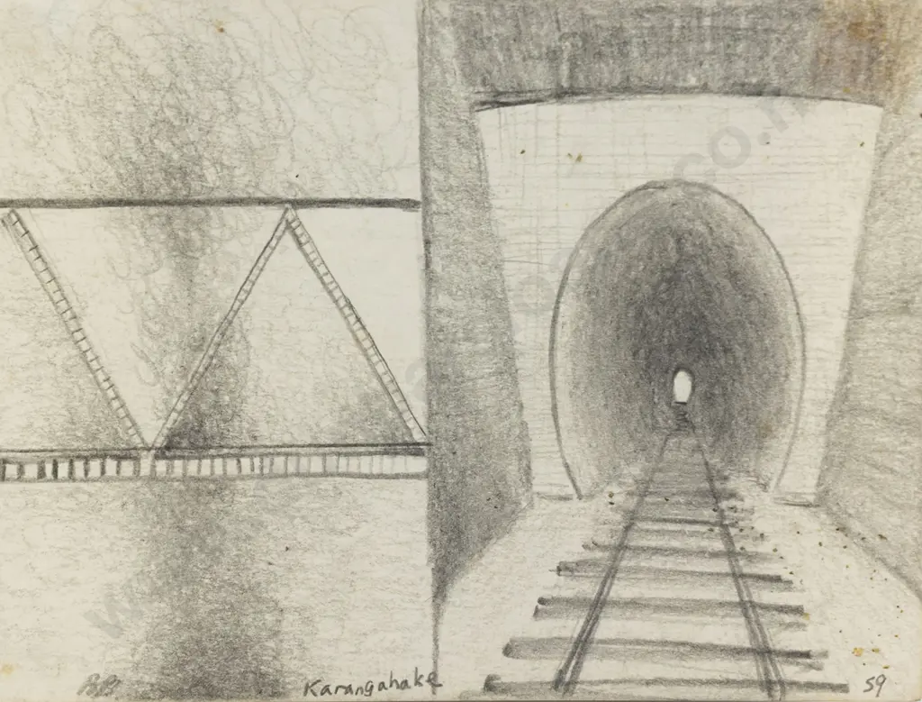 Barry Brickell Pencil Sketch Of Karangahake Railway Tunnel Image 1++