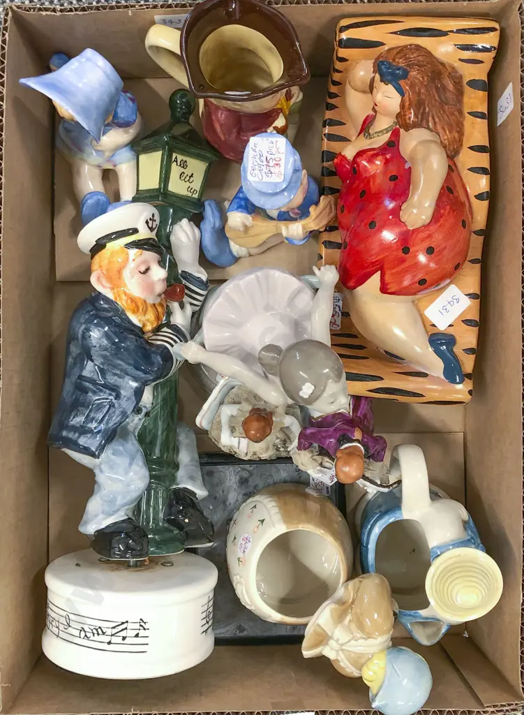 Box of Assorted China Figures and Jugs etc Image 1++