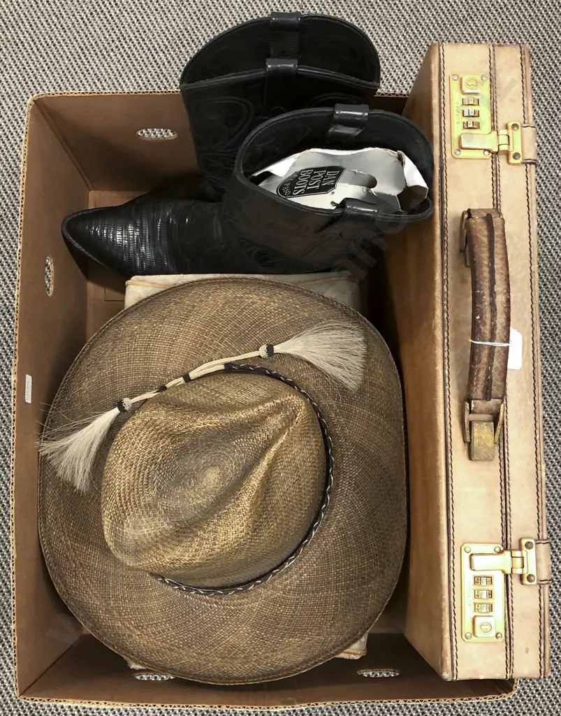 Box of Assorted Including Cowboy Boots and Vintage Make-Up Bag Image 1++