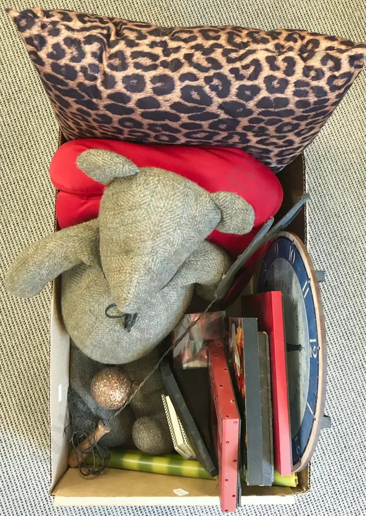 Box of Decorative Homewares Including Photo Frames and Teddy Bear Image 1++