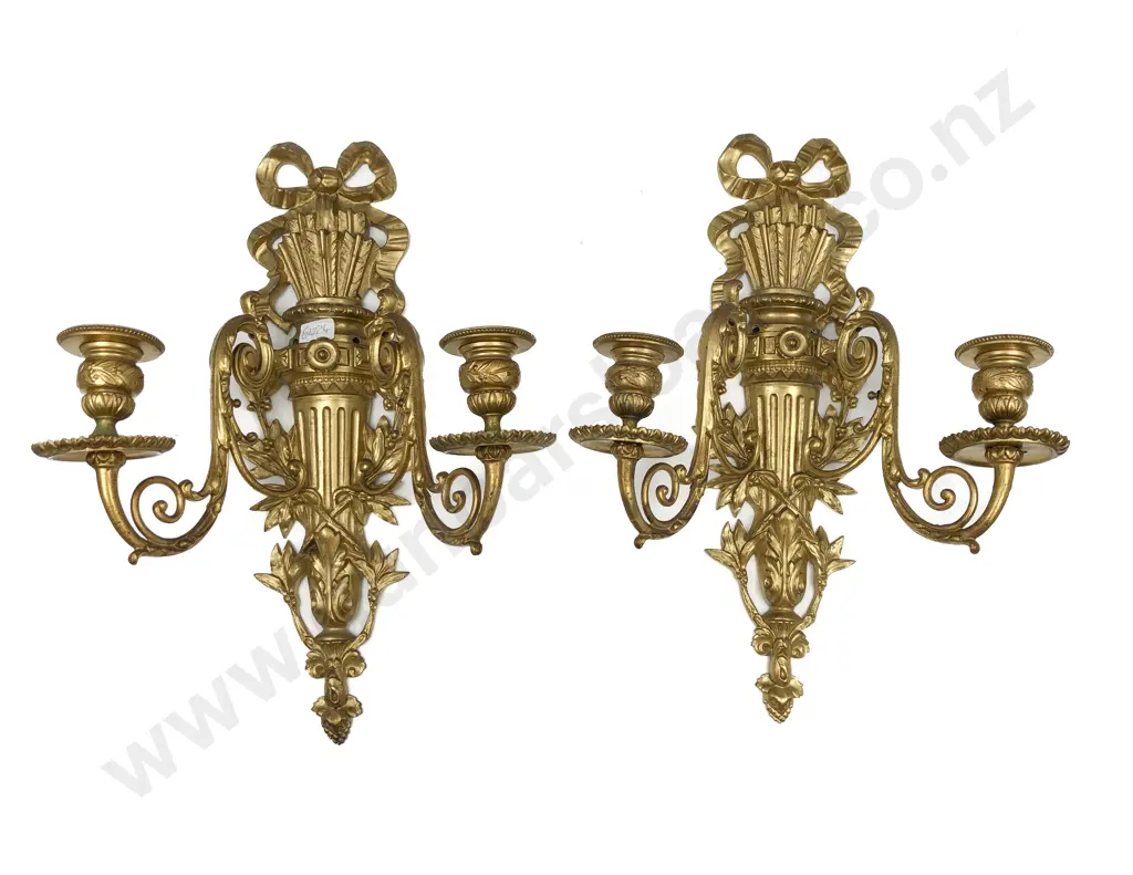 Pair of Wall Mounted Gilt Metal Two Light Candlesticks Image 1++