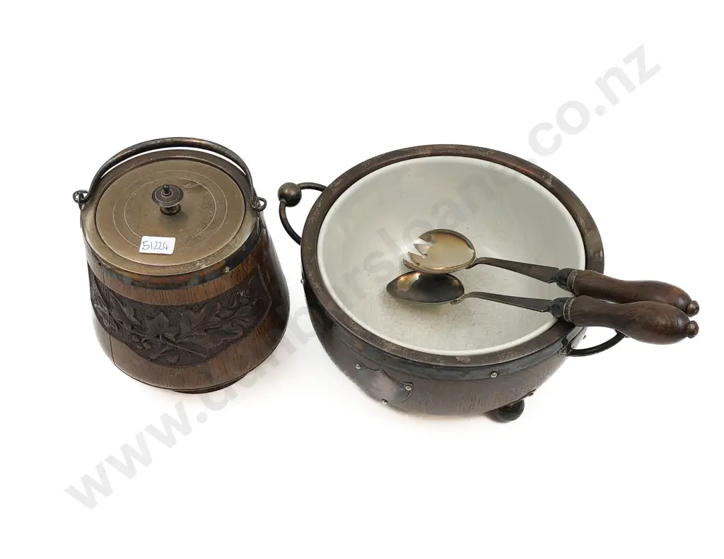 Vict Oak Biscuit Barrel, Salad Bowl & Servers Image 1++