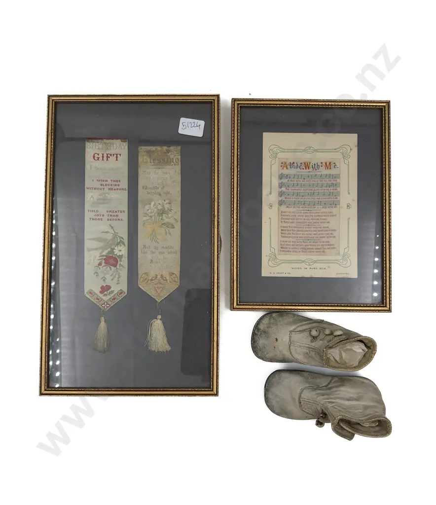 Two Vintage Framed Embroideries & Booties Image 1++