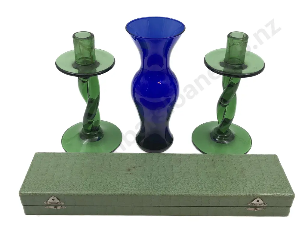 Pair of Green Glass Candlestick together with Boxed Liqueur Glasses etc (faults) Image 1++