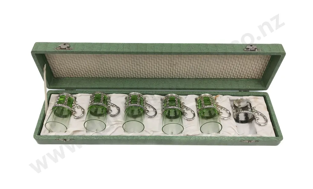 Pair of Green Glass Candlestick together with Boxed Liqueur Glasses etc (faults) Image 1++