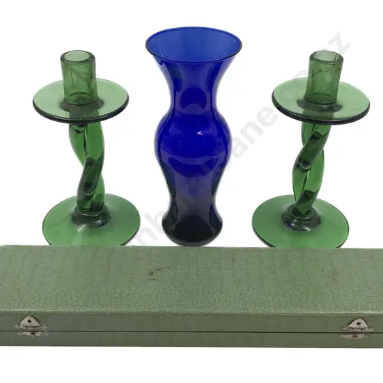 Pair of Green Glass Candlestick together with Boxed Liqueur Glasses etc (faults)