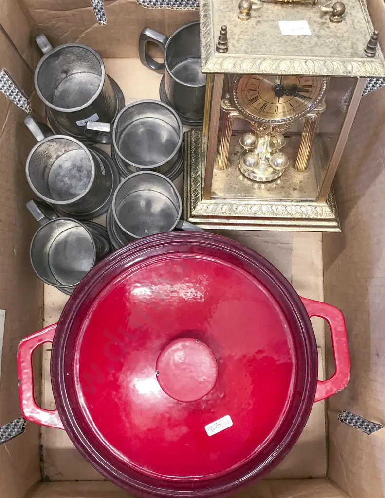 Box of Assorted incl Pewter Tankards & Cast Iron Casserole Dish Image 1++