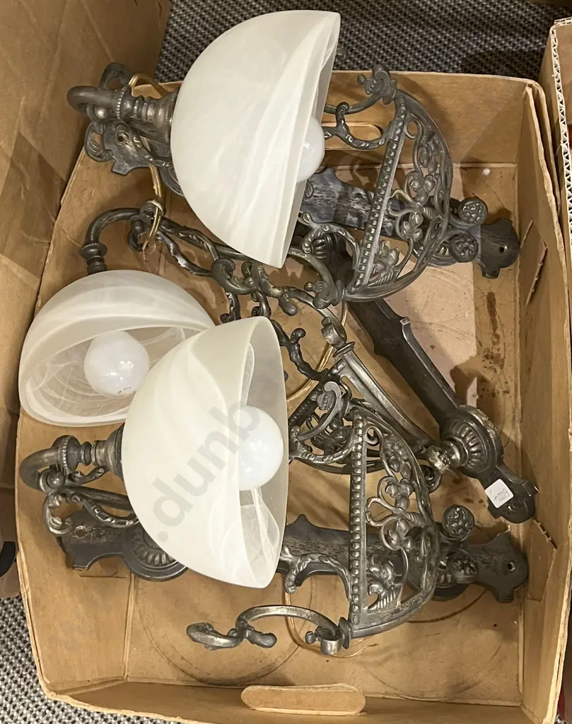 A Trio of Cast Metal Wall Lights with Frosted Glass Shades Image 1++