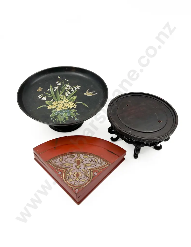 Lacquer Hand Painted Comport Together with Jewellery Box & Vase Stand (faults) Image 1++