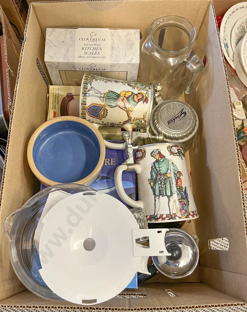 Box of Assorted Kitchenware & Decorative Tankards Image 1++