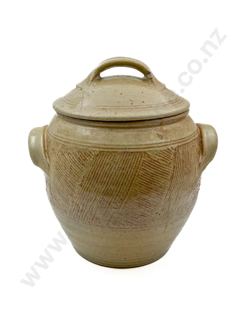 Large Lidded NZ Pottery Crock (faults) Image 1++