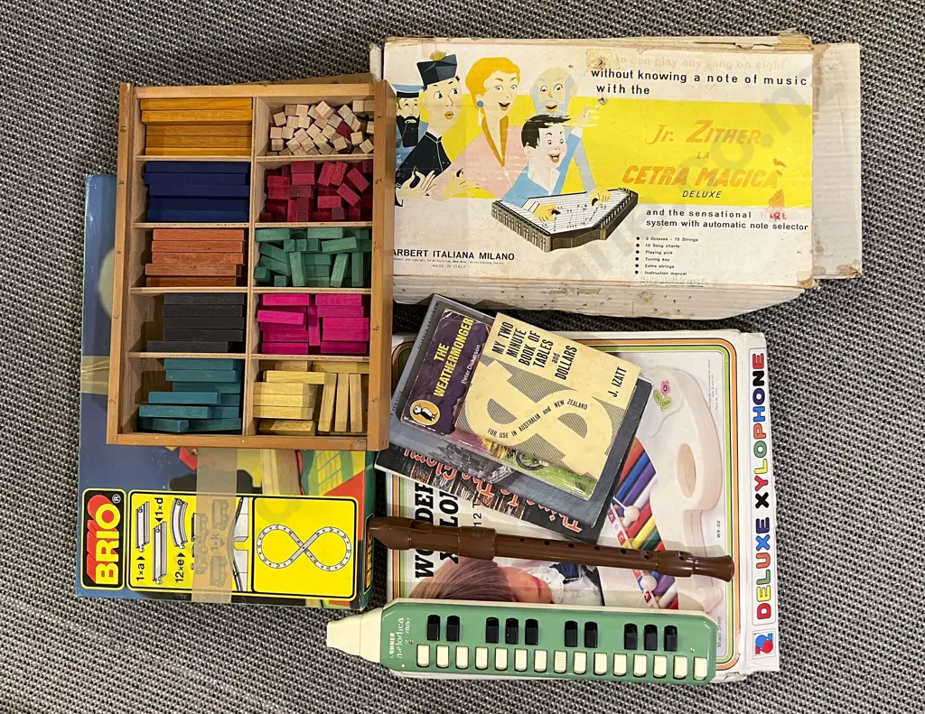Box of Assorted Vintage Toys & Musical Instruments Image 1++