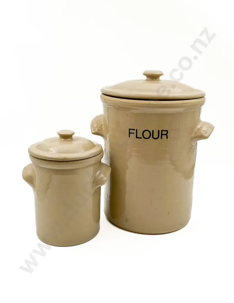 Two Lidded Stoneware Kitchen Crocks Image 1++