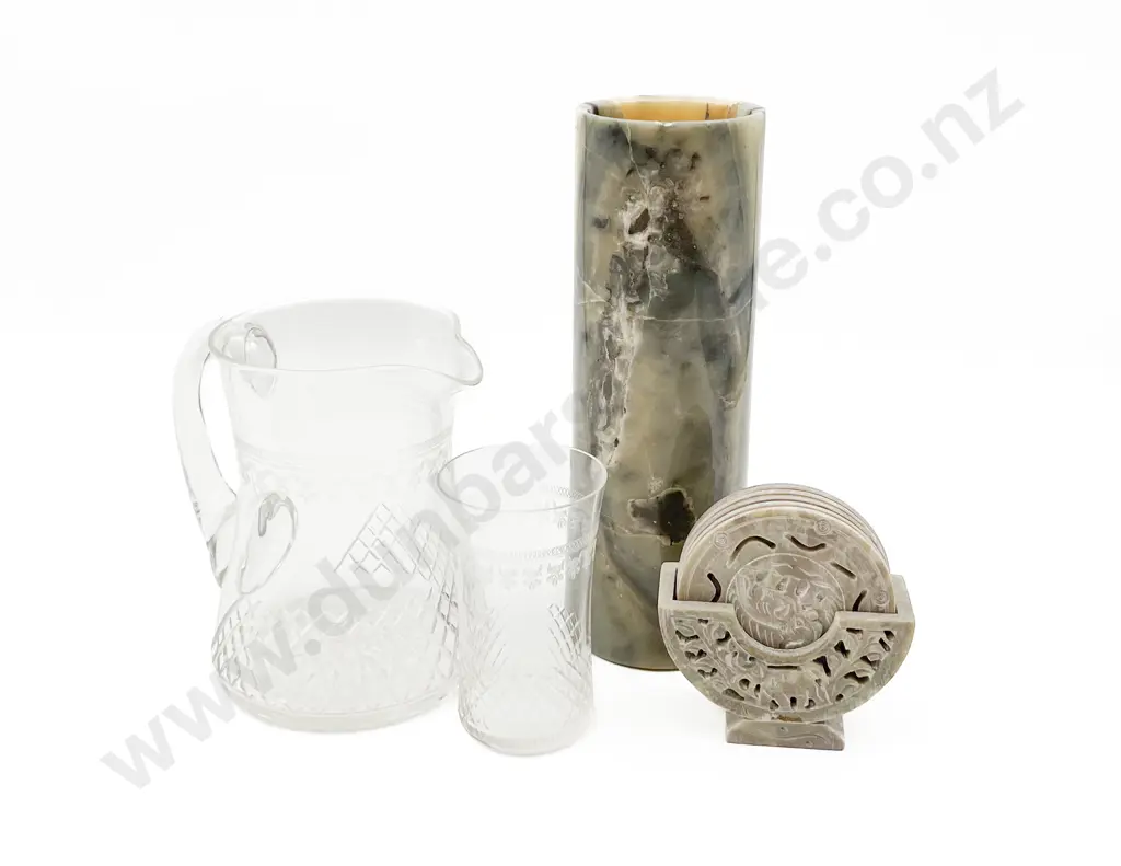 Box of Assorted Incl. Woodware and Soapstone Coasters with Assorted Brassware Image 1++