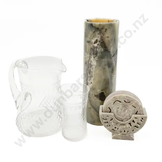 Box of Assorted Incl. Woodware and Soapstone Coasters with Assorted Brassware
