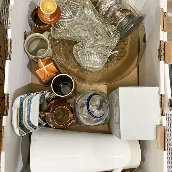 Box of Assorted Including Pressed Glass Vase