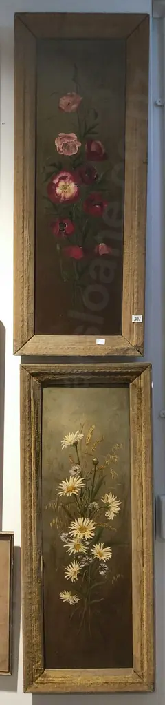 Pair of Colonial Floral Still Lifes Oil on Board Image 1++