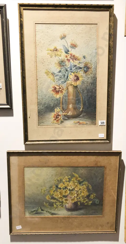 Two Watercolour Floral Still Lifes Signed I.A.M Image 1++
