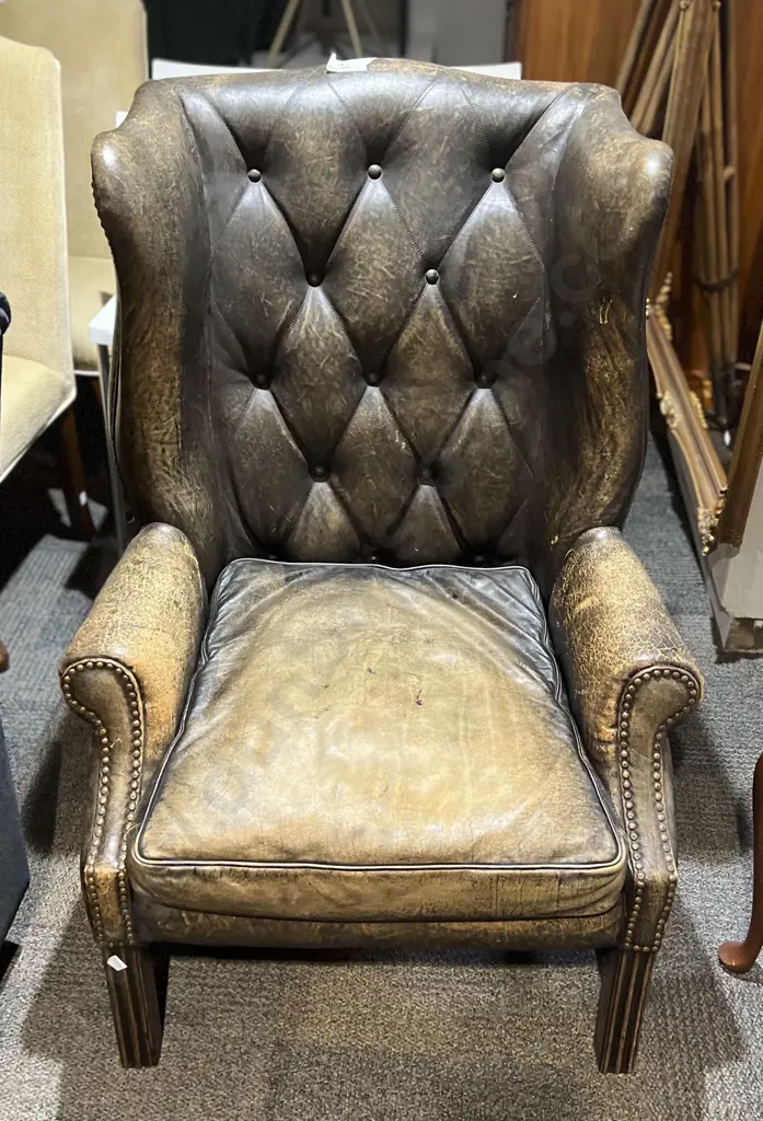 Gentlemans Distressed Leather Wing Back Library Chair Image 1++
