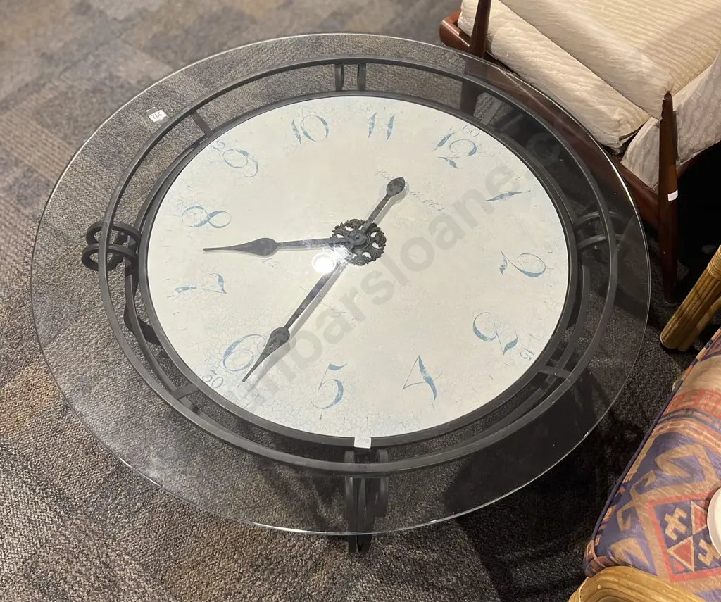 Glass Top Circular Coffee Table with Clock to Interior Image 1++