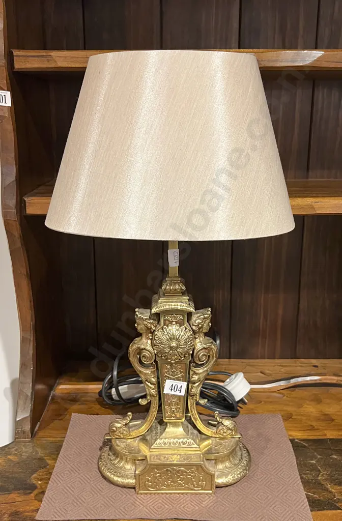 Ornate Brass Table Lamp & Shade Image 1++