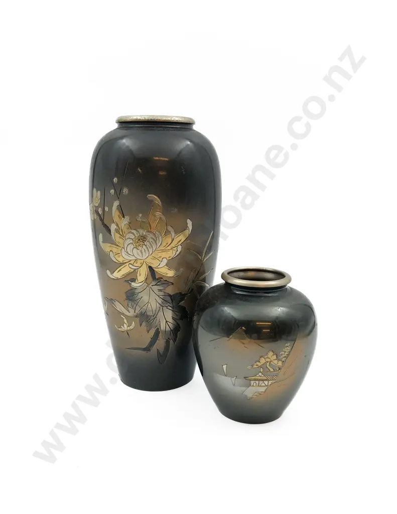 Two Floral Decorated Metal Vases Image 1++