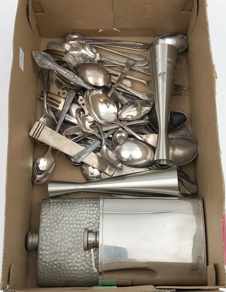 Small Box of Assorted Cutlery and Hip Flasks etc Image 1++