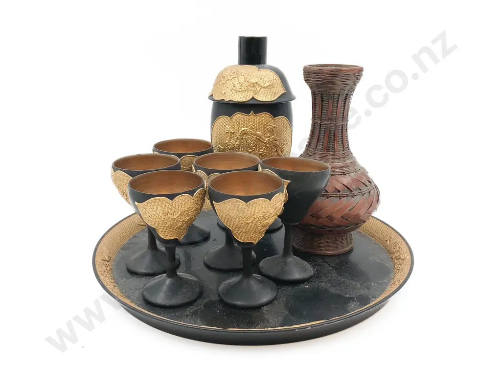 Lacquered and Gilt Decorated Decanter and Goblets on Matching Tray and other Image 1++
