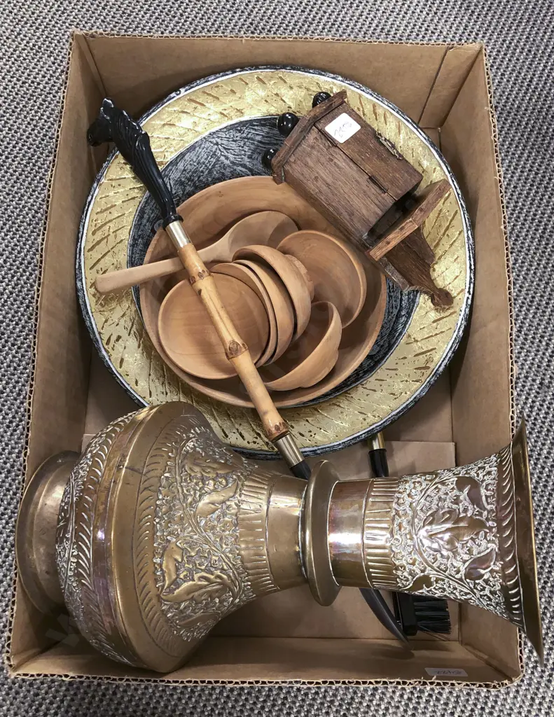 Box of Assorted Including Brass Vase and Woodware Image 1++