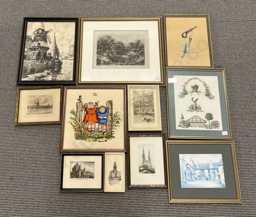 Box of Assorted Framed Works incl 'Hummel' Needlework Image 1++