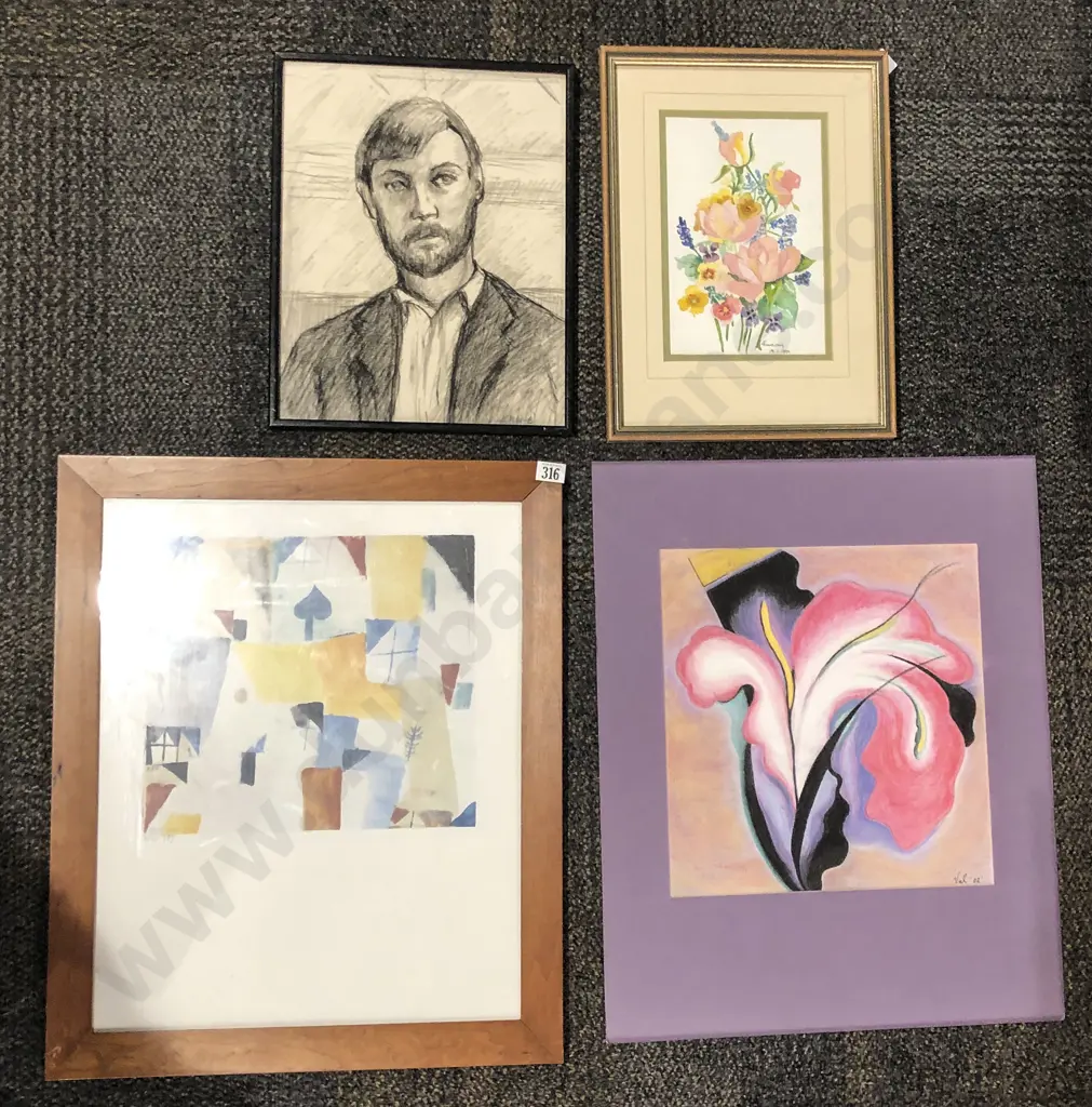 Three Framed Works and One Loose incl Floral Studies Image 1++