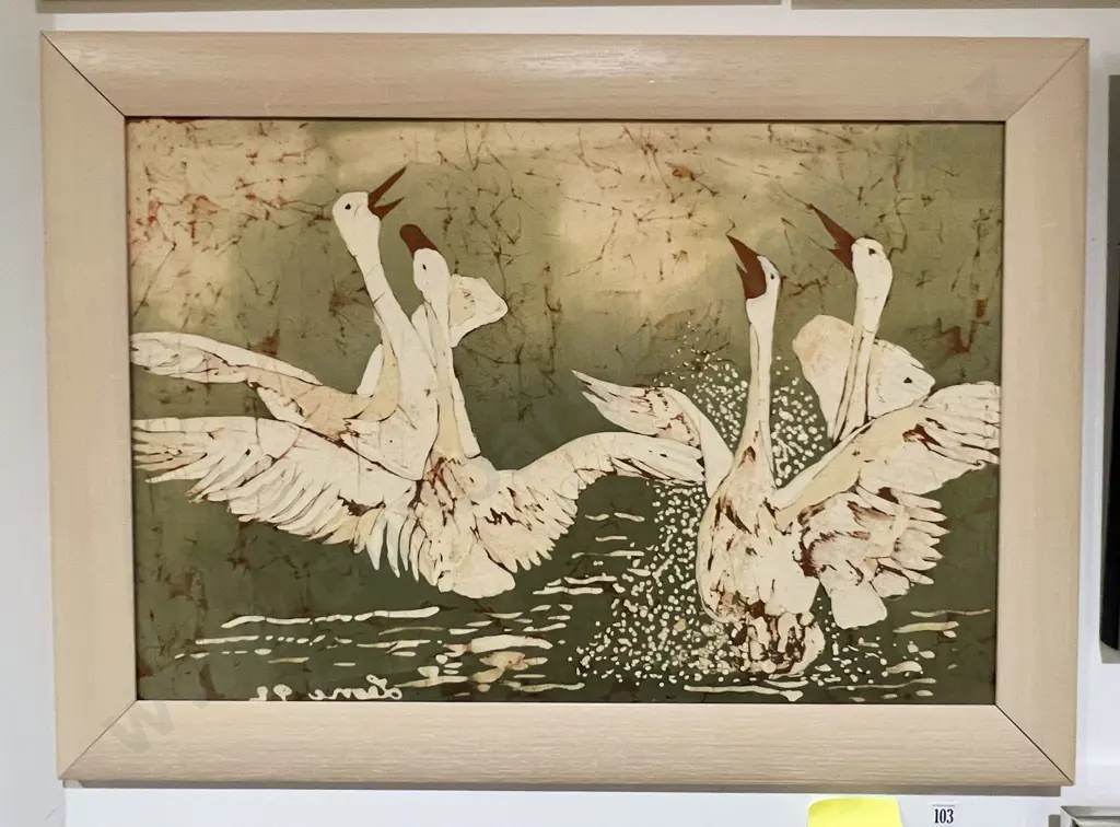 Leoue Collins - 'Rising Swans' - Framed Batik Image 1++