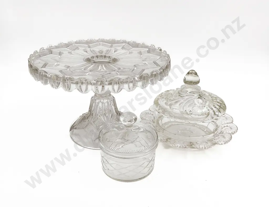 Pressed Glass Cake Plate with Two Lidded Bowls Image 1++