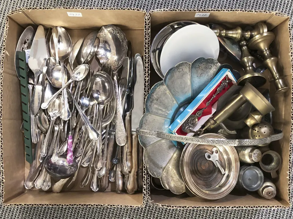 Two Boxes of Assorted S/P and Brassware incl Cutlery Image 1++