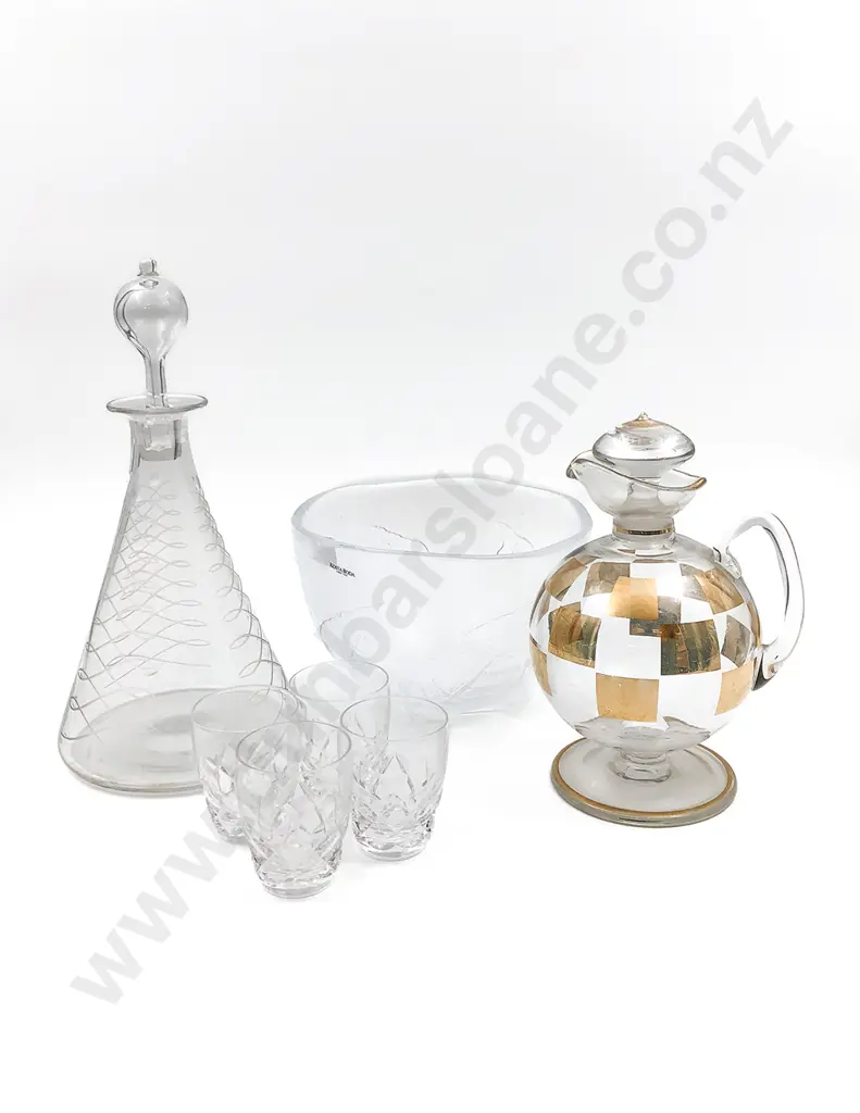 Kosta Boda Bowl with Two Vintage Decanters & Four Stuart Crystal Glasses Image 1++