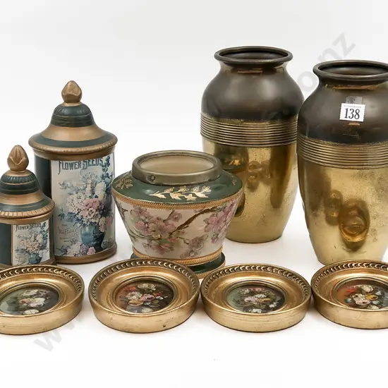 Two Dutch Brass Vases & /assorted incl Four Gilt Framed Prints