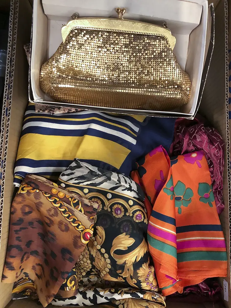 Box of Assorted Vintage Scarves & Napkins & Oroton Bag Image 1++