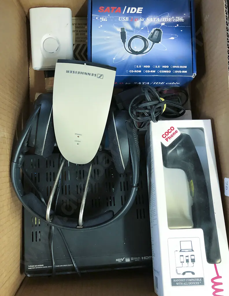 Box of Assorted Electronic Equipment incl Sennheiser Headphones Image 1++