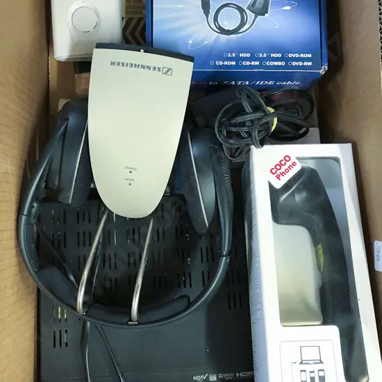 Box of Assorted Electronic Equipment incl Sennheiser Headphones