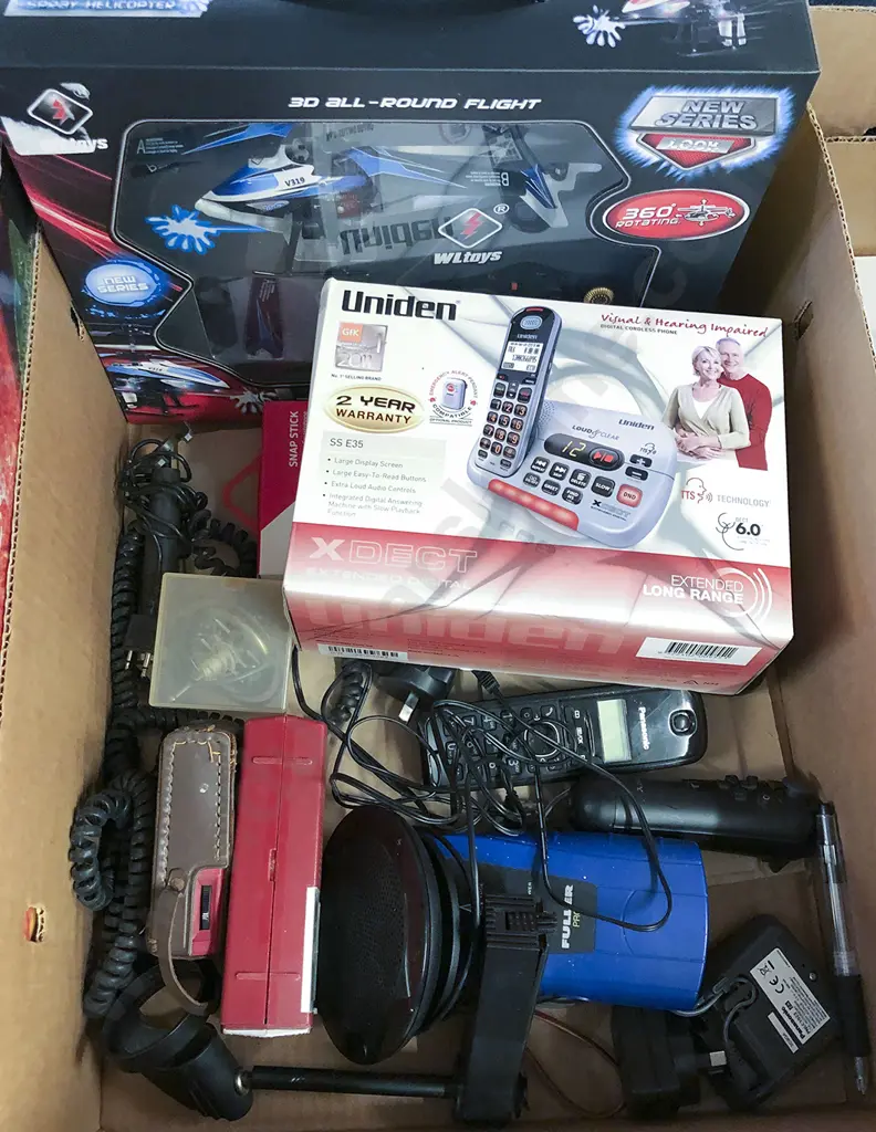 Box of Assorted Electronics incl Model Helicopter Image 1++