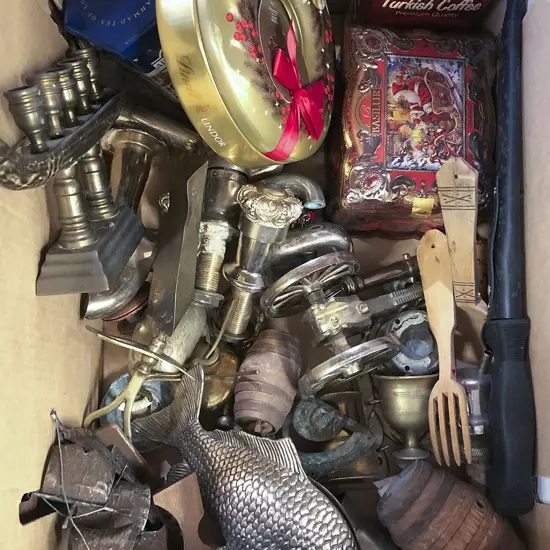 Box of Assorted Metalware incl Taps & Tins
